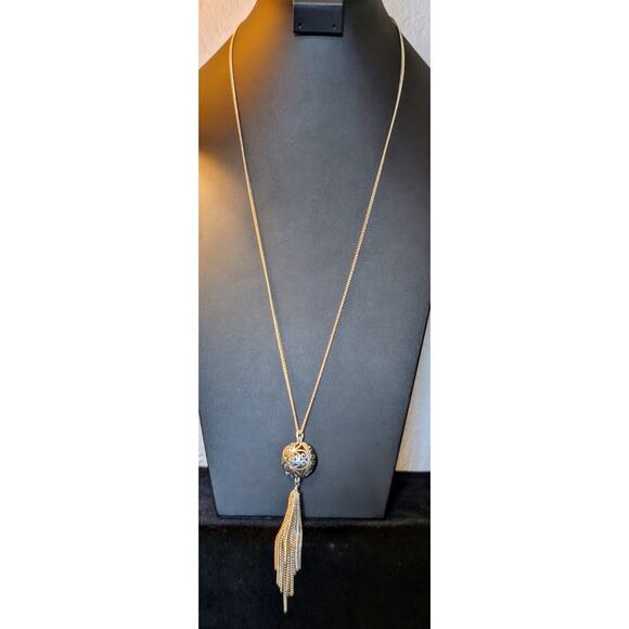 Lucky Brand Two Tone Metal Scroll Filigree Ball Tassel Long Necklace - Picture 1 of 5